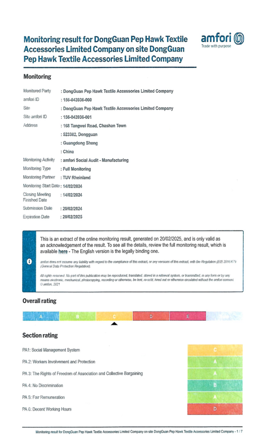 PEPHAWK's latest amfori BSCI social audit resulted in an Overall Rating of 'C'. This report, valid until Feb 2025, underscores our commitment to ethical manufacturing and social compliance.